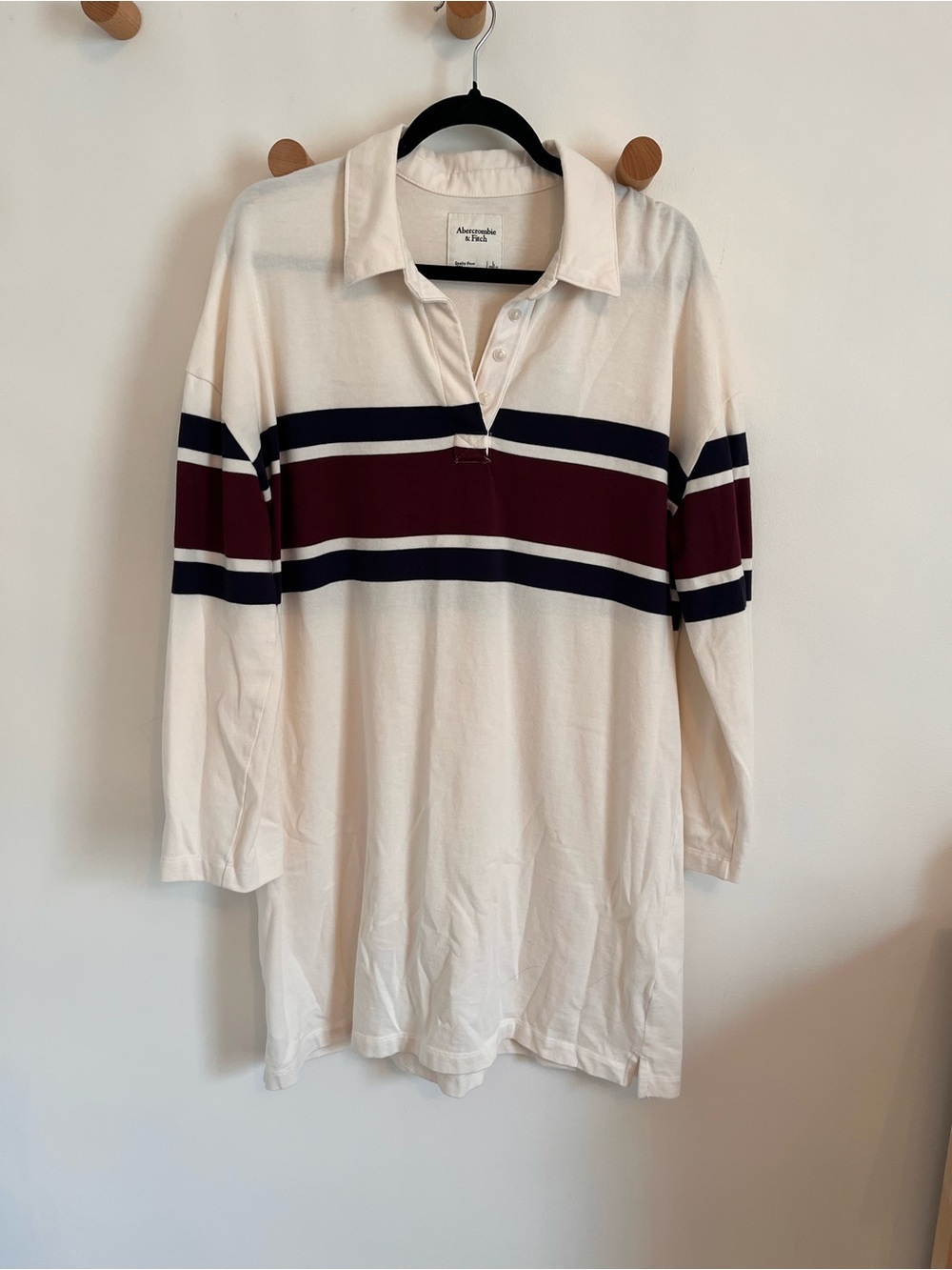 Abercrombie & Fitch Cream Long-Sleeve Rugby Dress with Burgundy and Navy Stripes